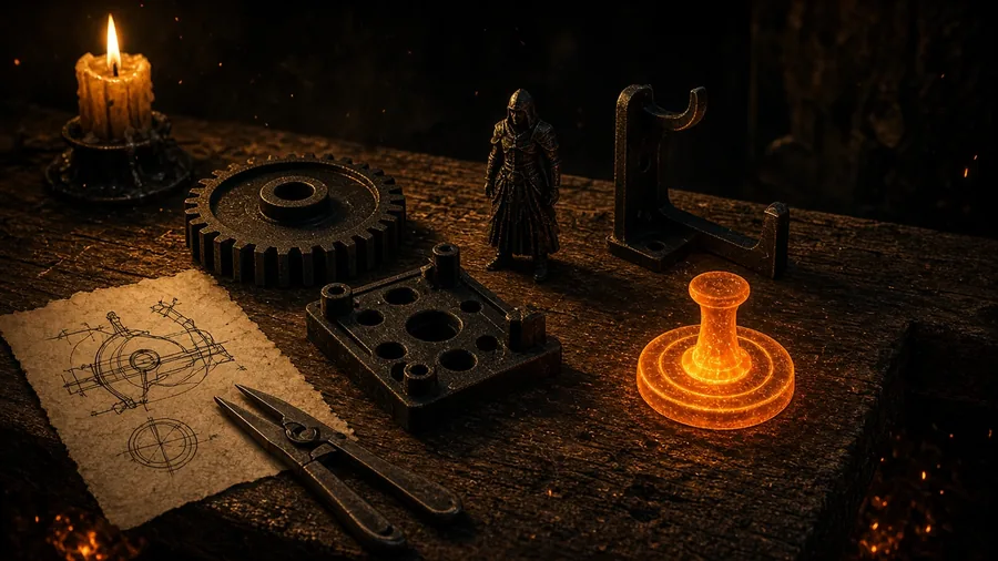Assorted custom 3D-printed parts on a workshop bench