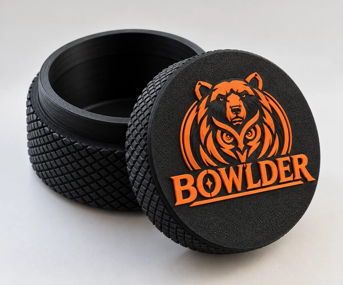 Black knurled screw-top jar with the orange BOWLDER logo on the lid